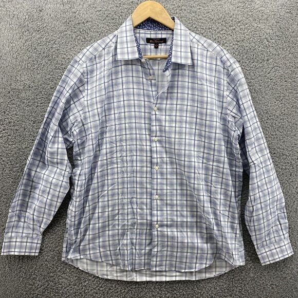 Ben Sherman Mens 17 34/35 XL Blue Plaid Button‎ Up Long Sleeve Shirt Regular Fit - Picture 1 of 6